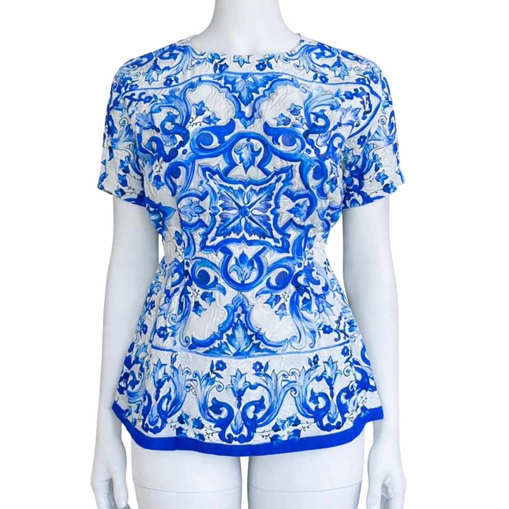Dolce & Gabbana Maiolica Tile silk jacquard Peplum top blouse white blue 6 IT42